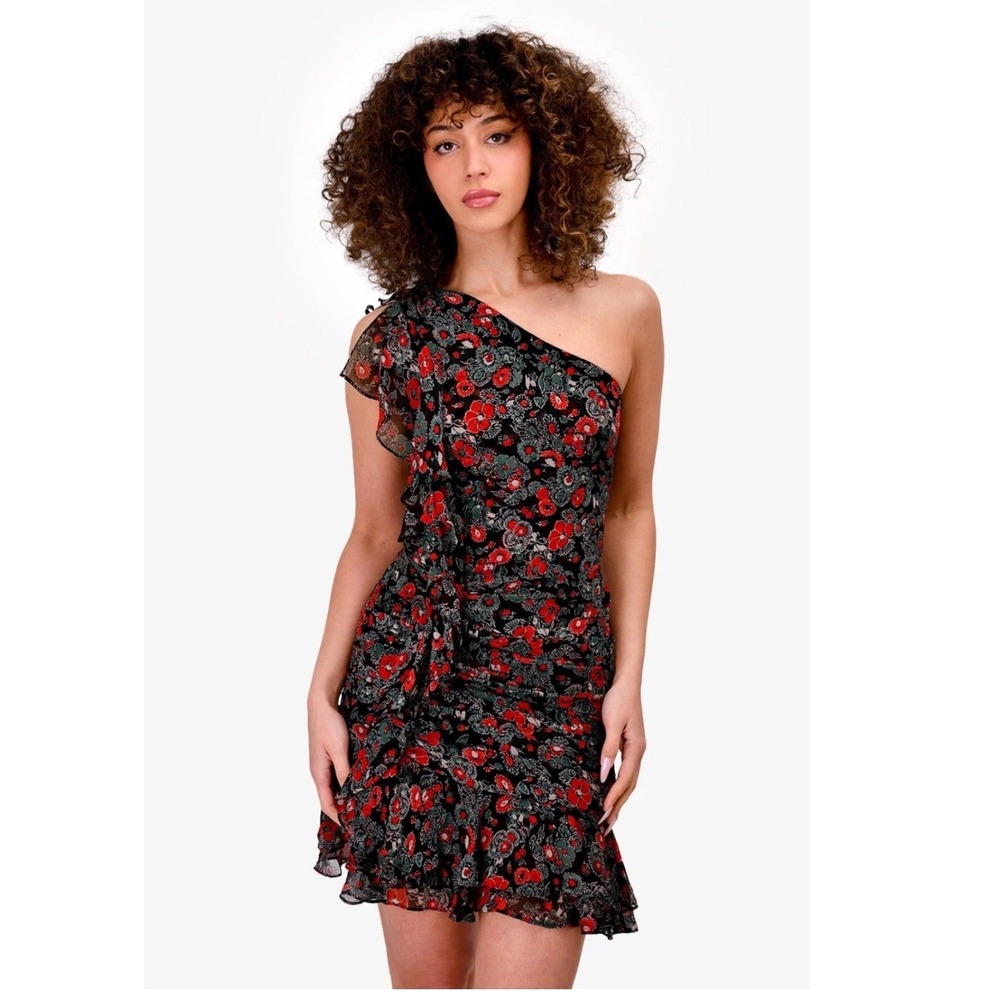 Veronica Beard Silk Floral One Shoulder Ruched Dress 2 Black Ruffle Cocktail